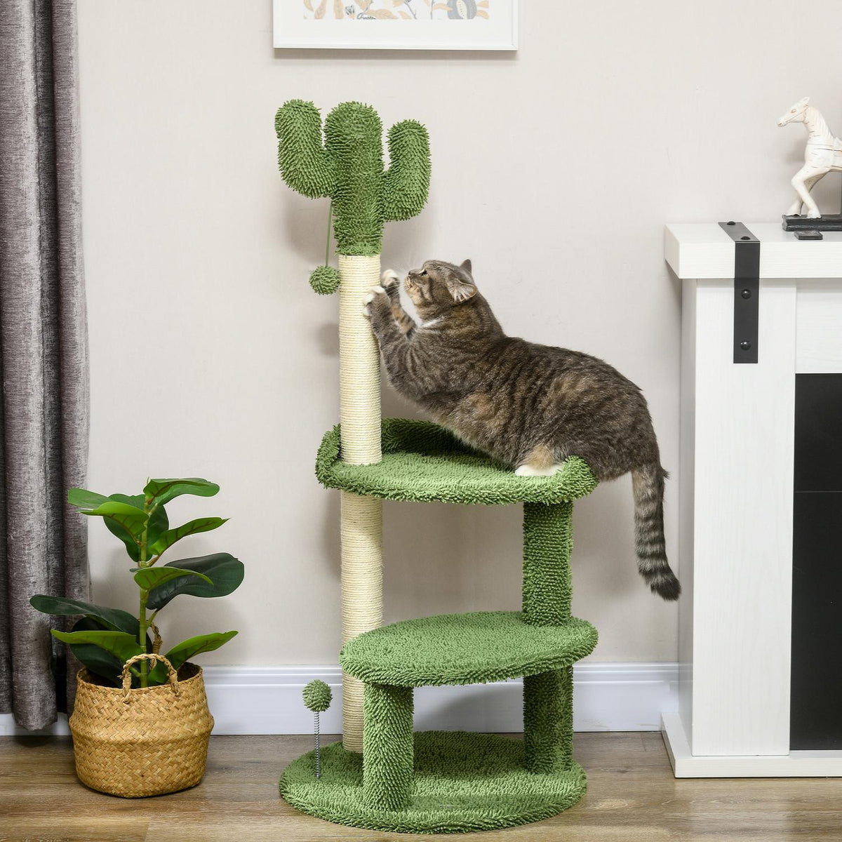 Scratching Post 111Cm Cat Scratching Post With 2 Tiers & Play Ball, For Cats Up To 10Kg, Sisal, Green