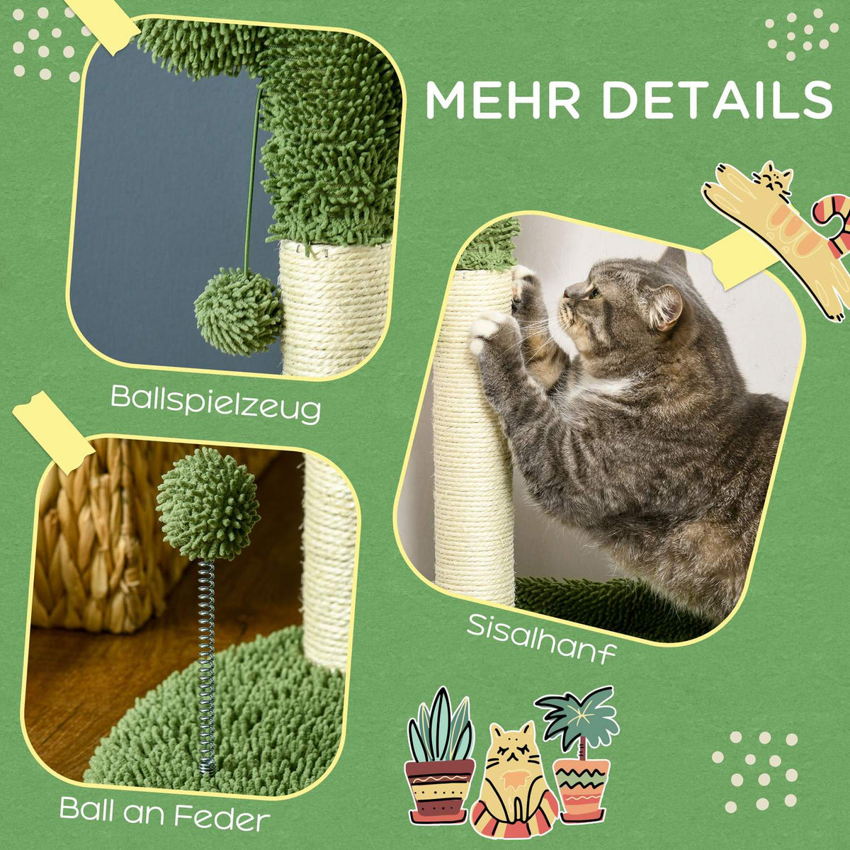 Scratching Post 111Cm Cat Scratching Post With 2 Tiers & Play Ball, For Cats Up To 10Kg, Sisal, Green