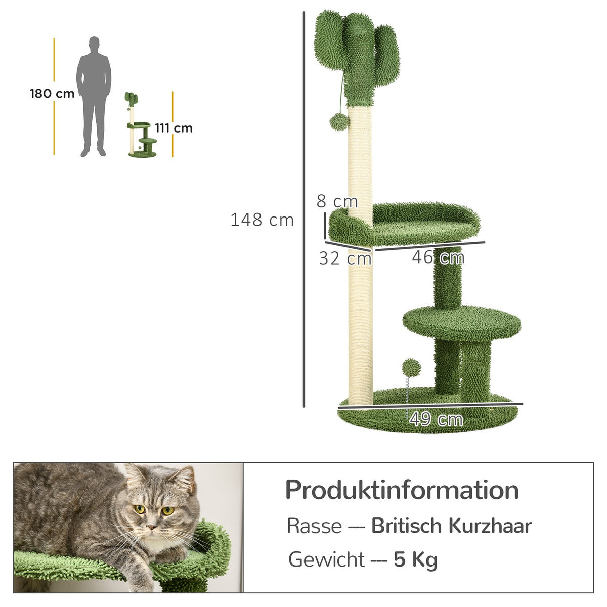 Scratching Post 111Cm Cat Scratching Post With 2 Tiers & Play Ball, For Cats Up To 10Kg, Sisal, Green