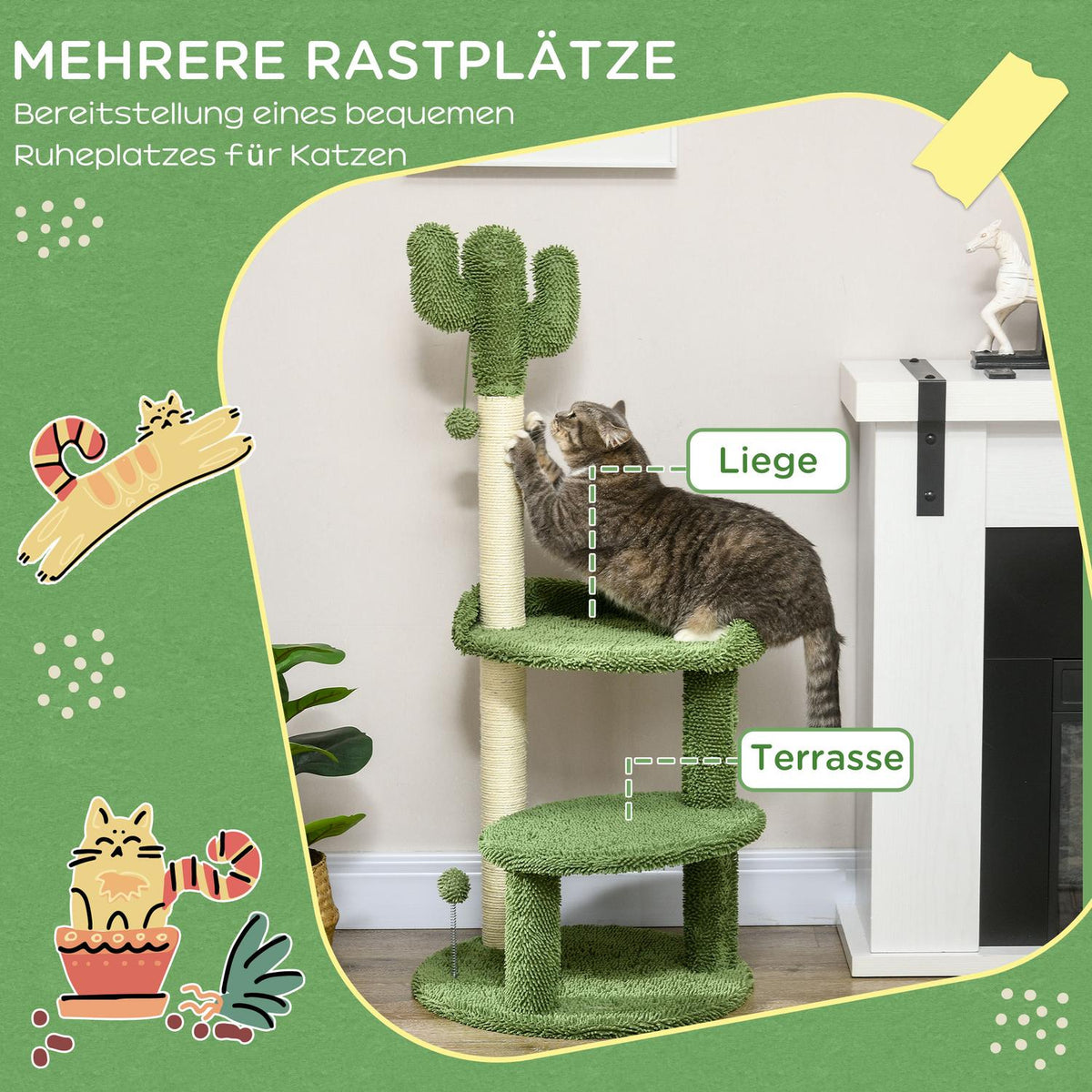 Scratching Post 111Cm Cat Scratching Post With 2 Tiers & Play Ball, For Cats Up To 10Kg, Sisal, Green