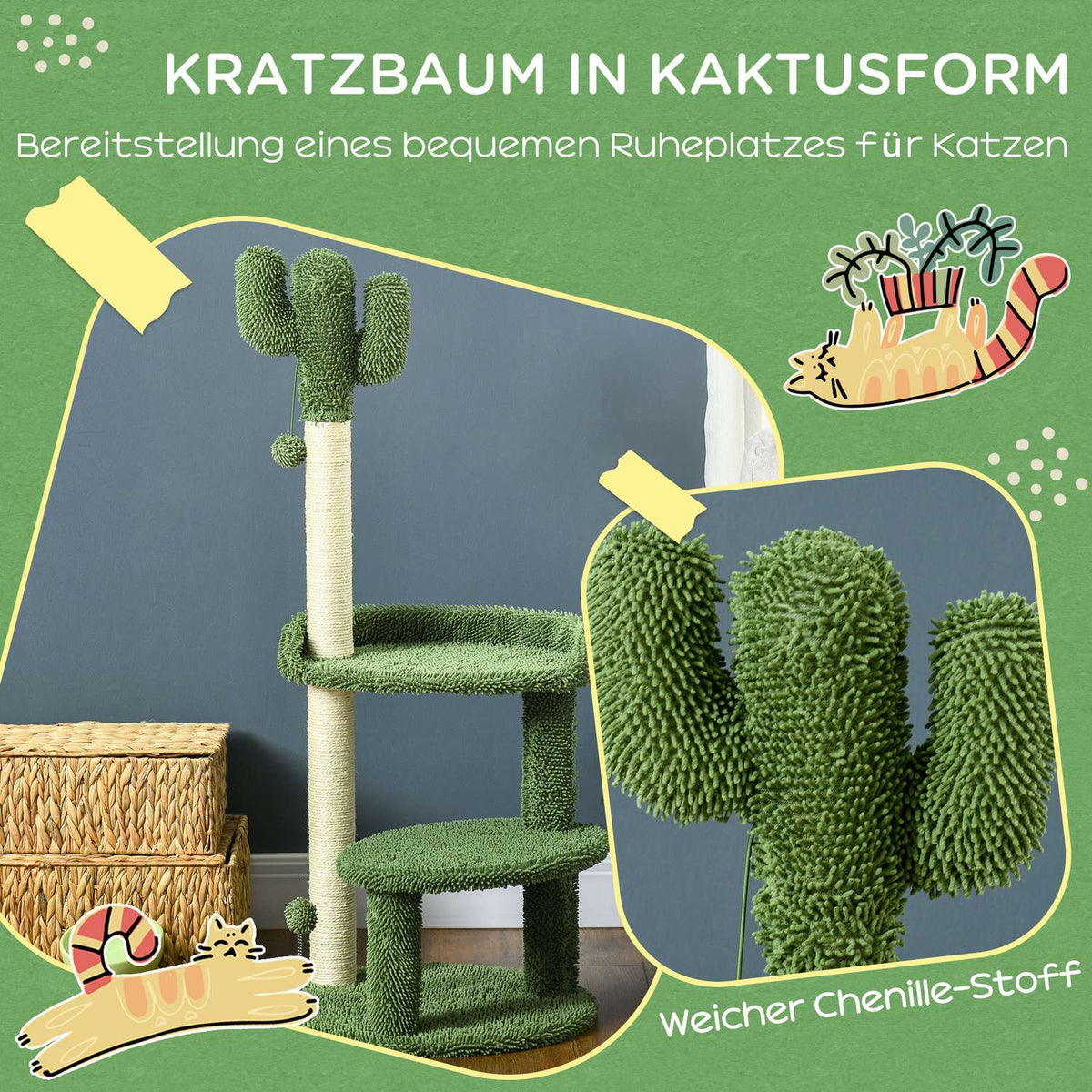 Scratching Post 111Cm Cat Scratching Post With 2 Tiers & Play Ball, For Cats Up To 10Kg, Sisal, Green