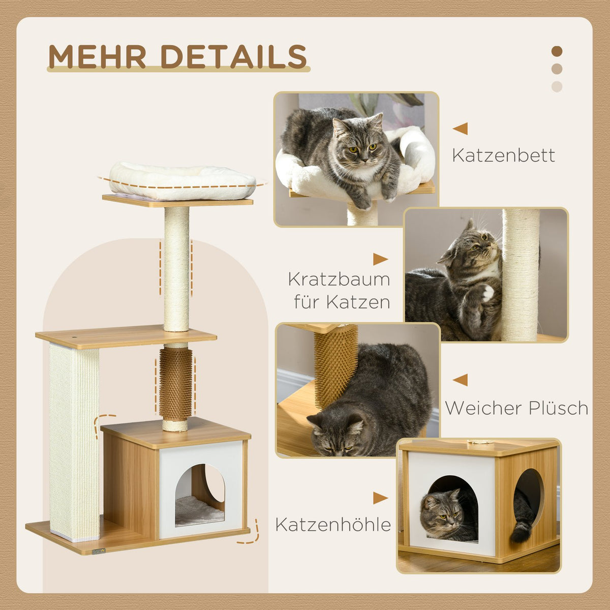 Scratching Post 114Cm Multi-Tier Cat Tree With Cat Cave & Tickle Column, For Cats Up To 5Kg, Oak
