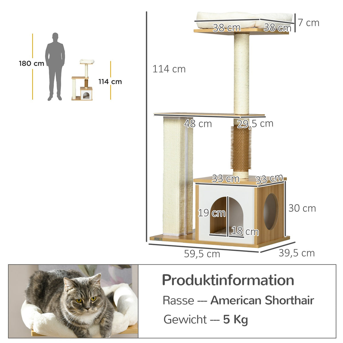 Scratching Post 114Cm Multi-Tier Cat Tree With Cat Cave & Tickle Column, For Cats Up To 5Kg, Oak