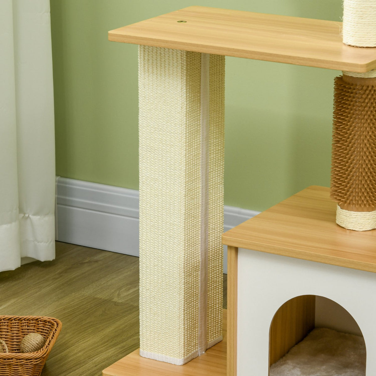 Scratching Post 114Cm Multi-Tier Cat Tree With Cat Cave & Tickle Column, For Cats Up To 5Kg, Oak