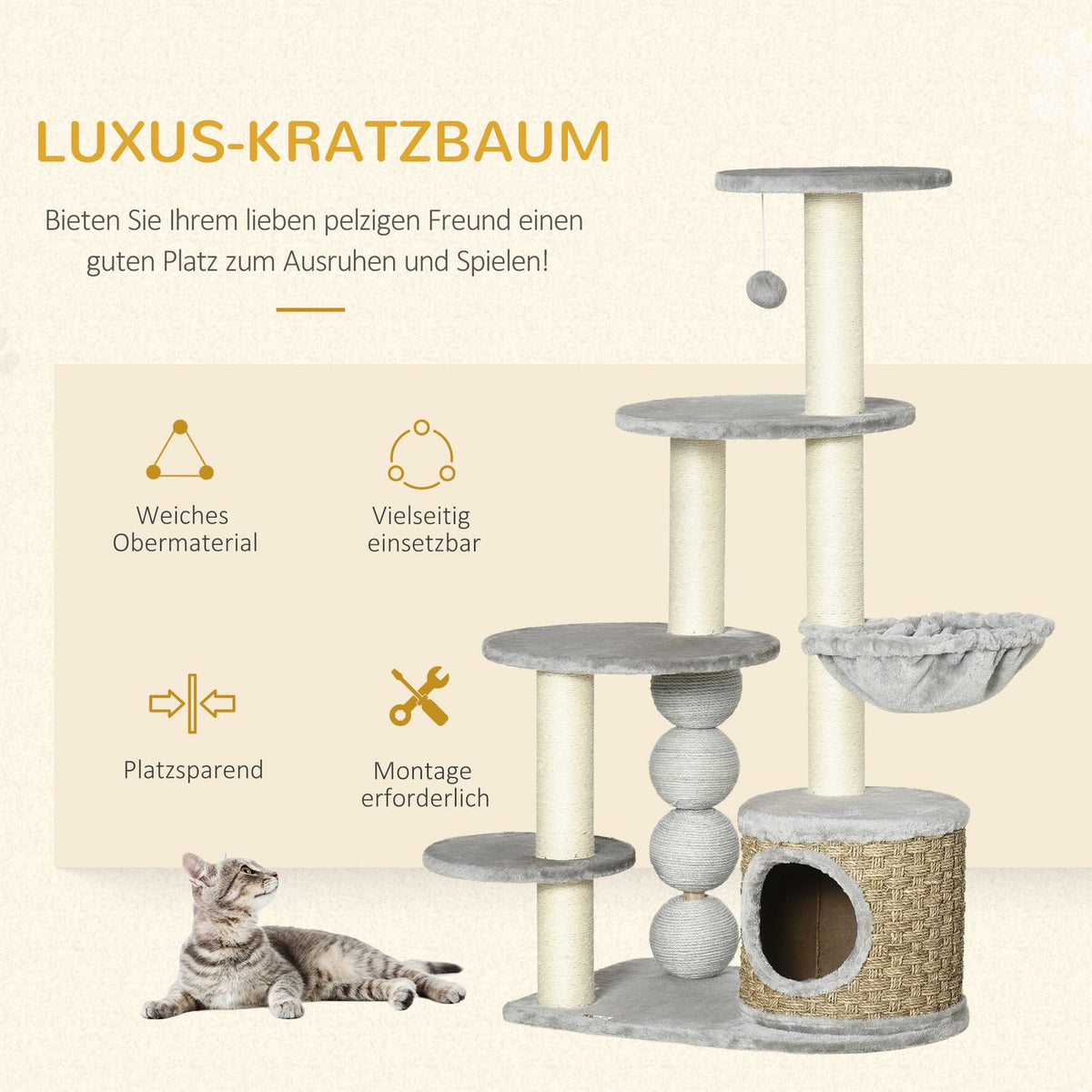 Scratching Post 115.5Cm Cat Tree With Cat Cave & Hammock, Jute Posts, Light Gray