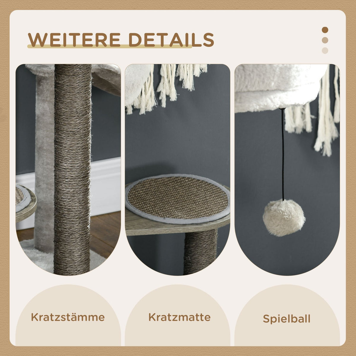 Scratching Post 118.5Cm Stable Cat Scratching Post With Hanging Bed & Toy Ball, 4 Tiers, For Cats Up To 5Kg, Sisal, Beige