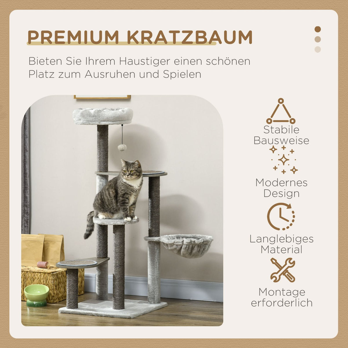 Scratching Post 118.5Cm Stable Cat Scratching Post With Hanging Bed & Toy Ball, 4 Tiers, For Cats Up To 5Kg, Sisal, Beige