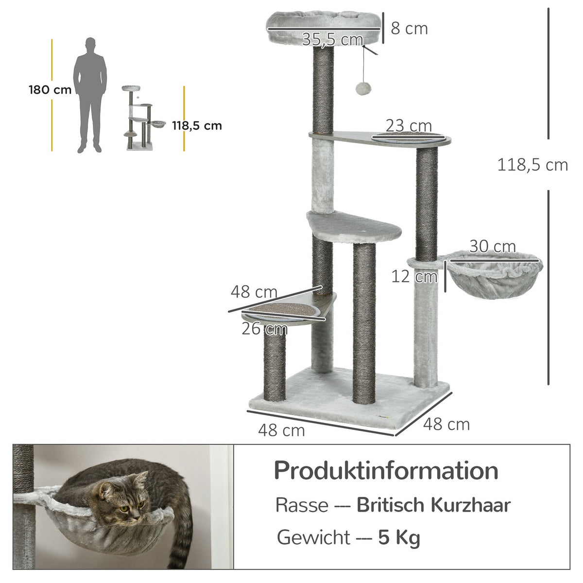 Scratching Post 118.5Cm Stable Cat Scratching Post With Hanging Bed & Toy Ball, 4 Tiers, For Cats Up To 5Kg, Sisal, Beige