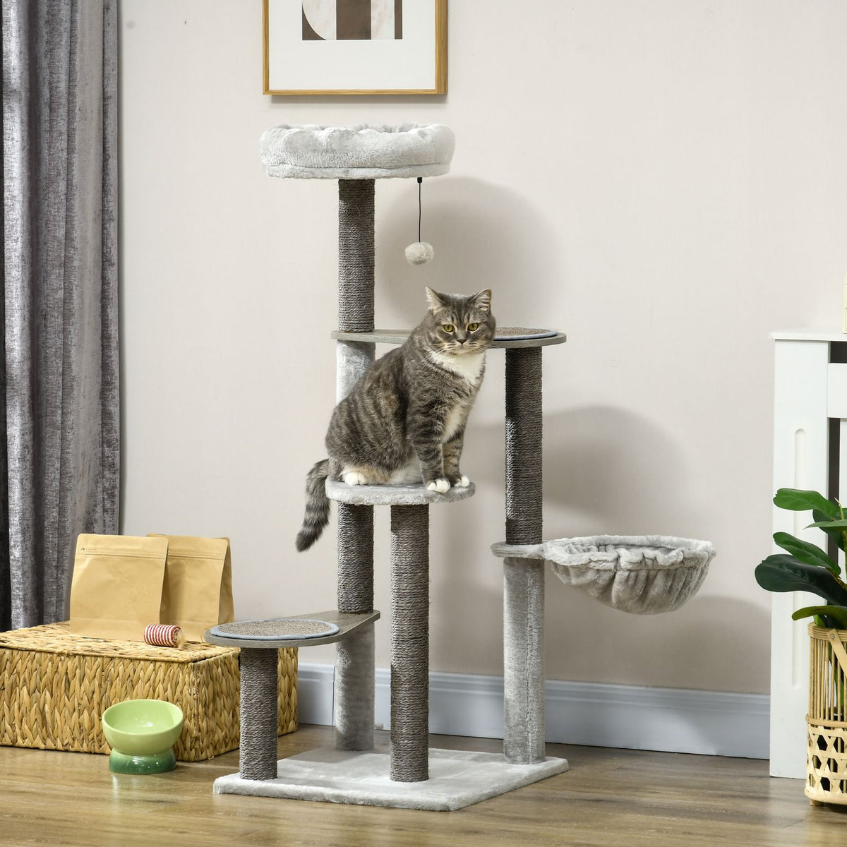 Scratching Post 118.5Cm Stable Cat Scratching Post With Hanging Bed & Toy Ball, 4 Tiers, For Cats Up To 5Kg, Sisal, Beige