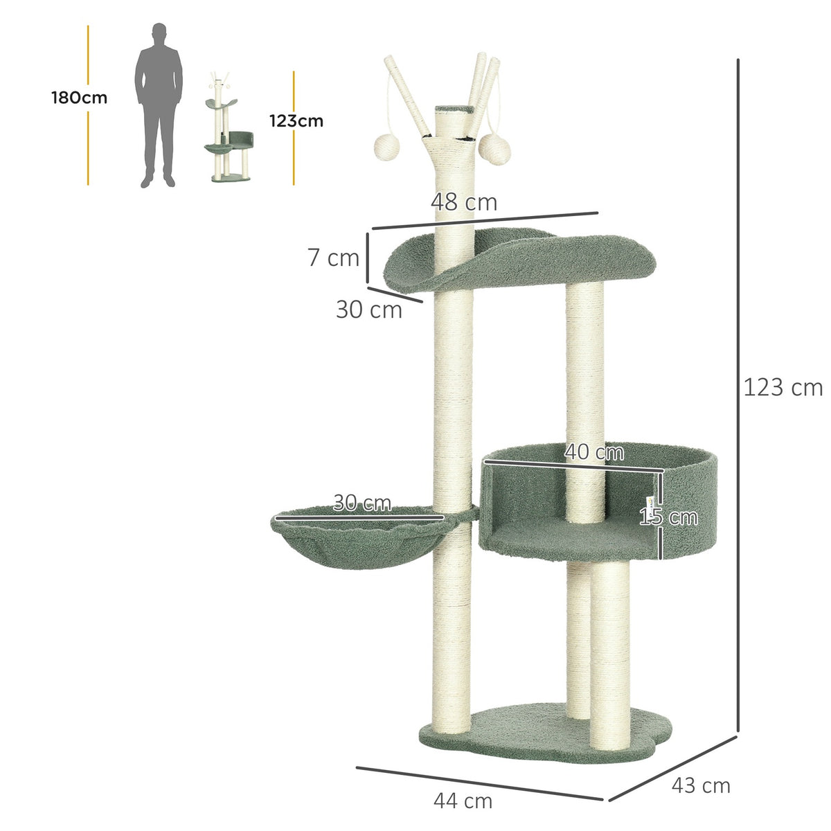 Scratching Post 123H Cm Climbing Tree With Lounger Basket & Play Ball, Sisal Column, Chipboard, Green + Cream White