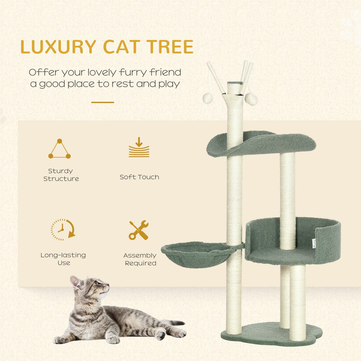 Scratching Post 123H Cm Climbing Tree With Lounger Basket & Play Ball, Sisal Column, Chipboard, Green + Cream White