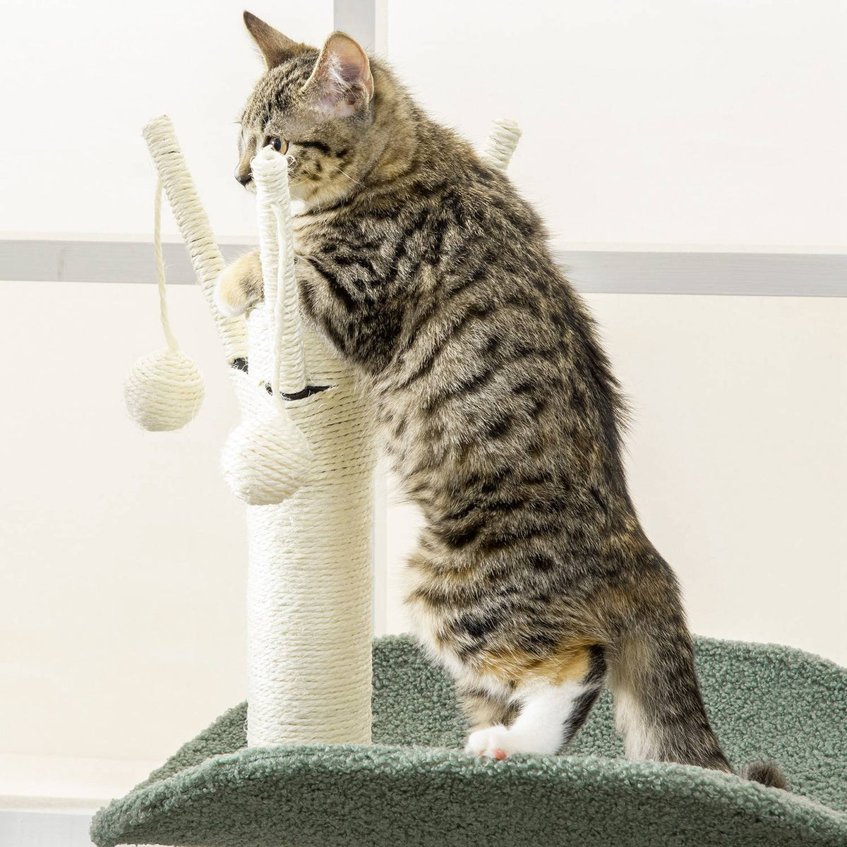 Scratching Post 123H Cm Climbing Tree With Lounger Basket & Play Ball, Sisal Column, Chipboard, Green + Cream White