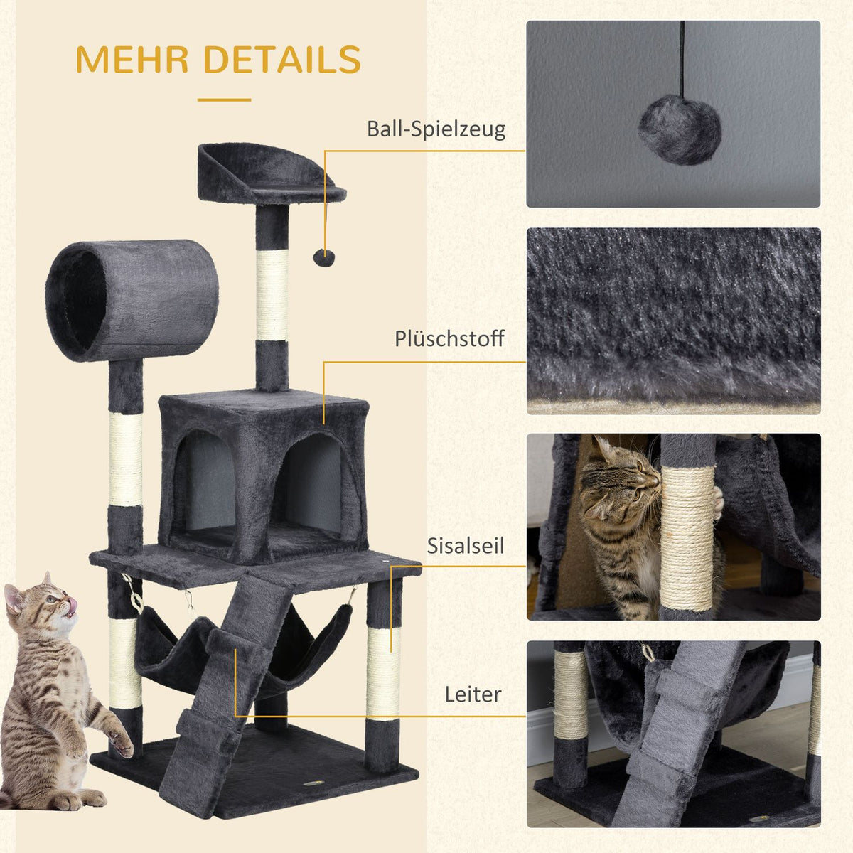 Scratching Post 125Cm With Cat House, Hammock, Toy Ball, Tunnel & Ladder, Dark Grey