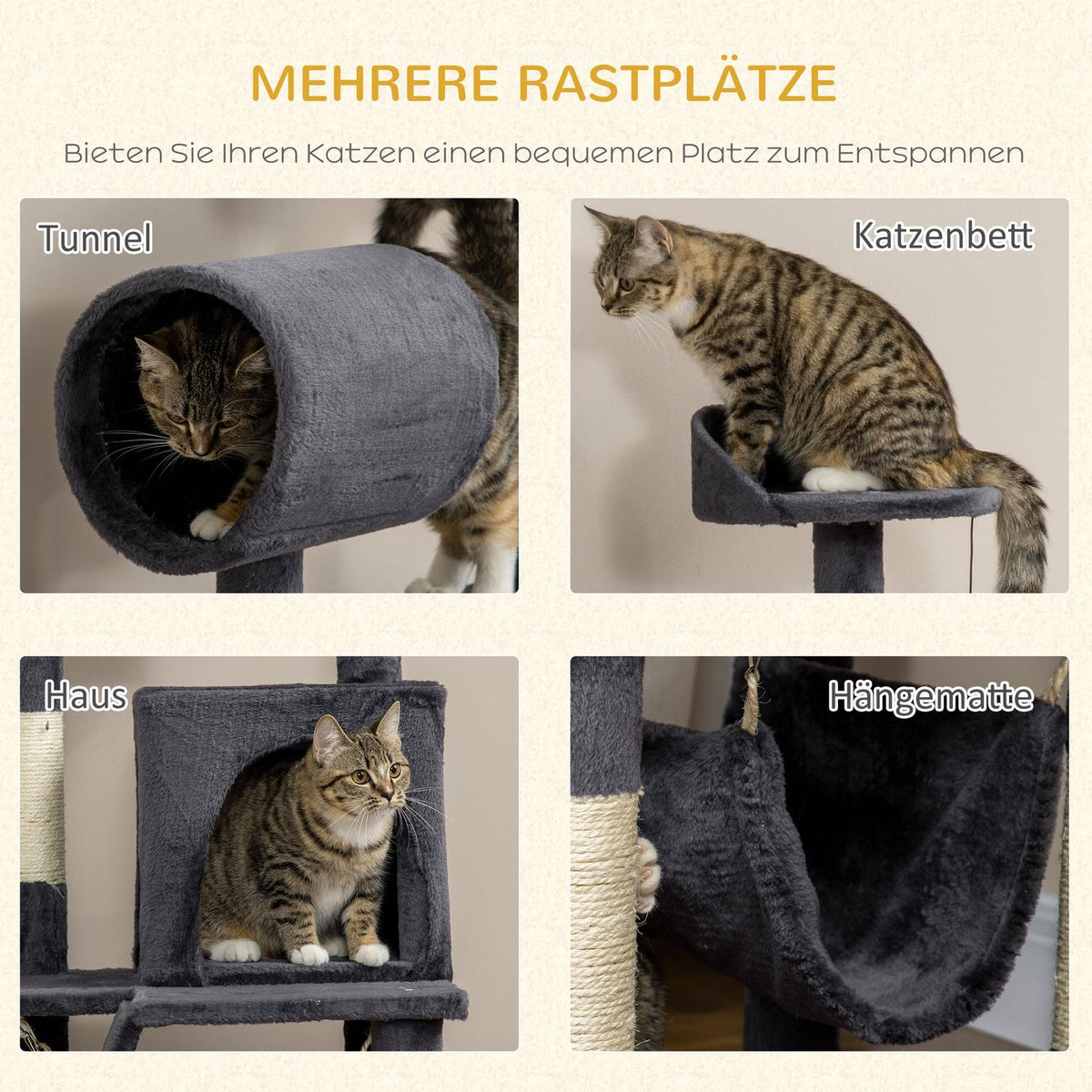 Scratching Post 125Cm With Cat House, Hammock, Toy Ball, Tunnel & Ladder, Dark Grey