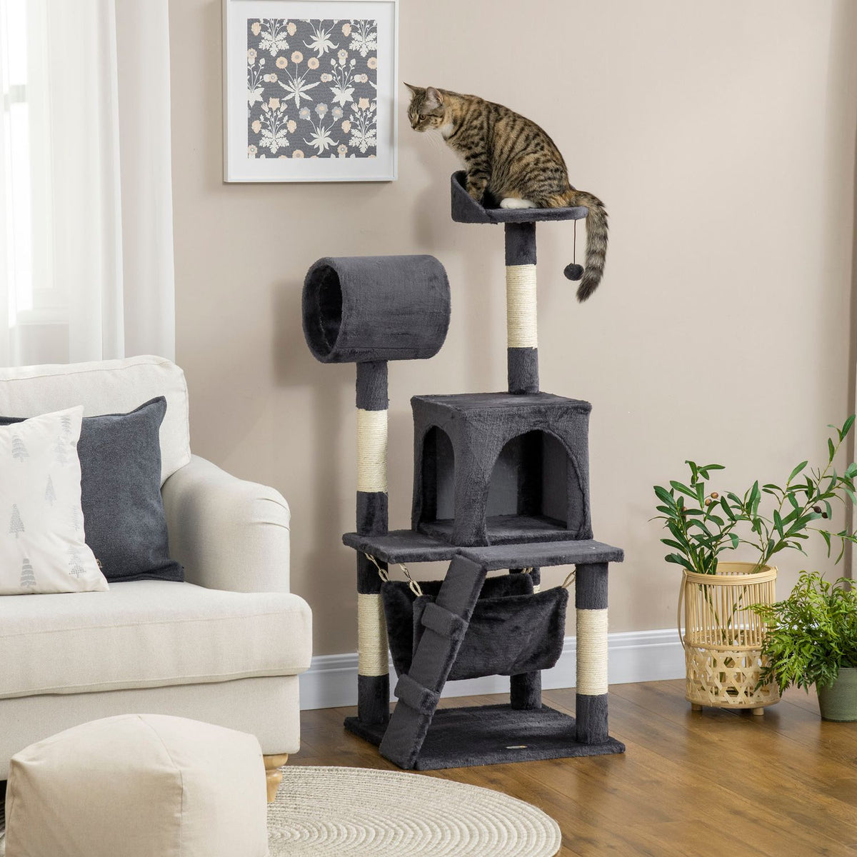 Scratching Post 125Cm With Cat House, Hammock, Toy Ball, Tunnel & Ladder, Dark Grey
