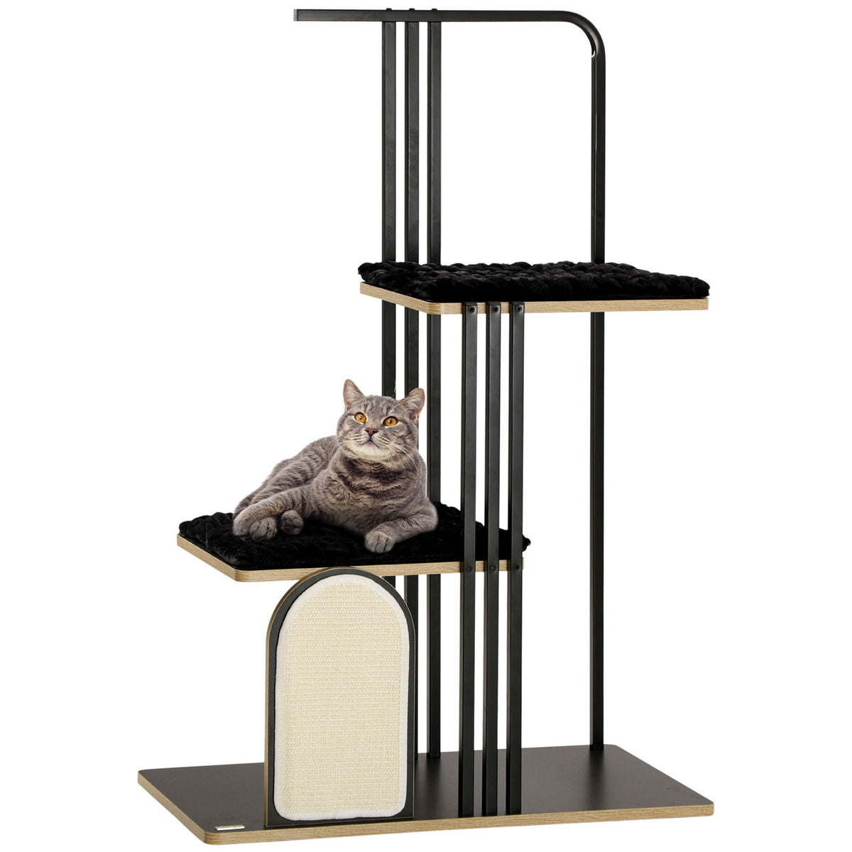 Scratching Post 128Cm High-Quality Cat Tree With Cushion, Scratching Board, 2 Platforms, Cat Furniture Made Of Steel In Black