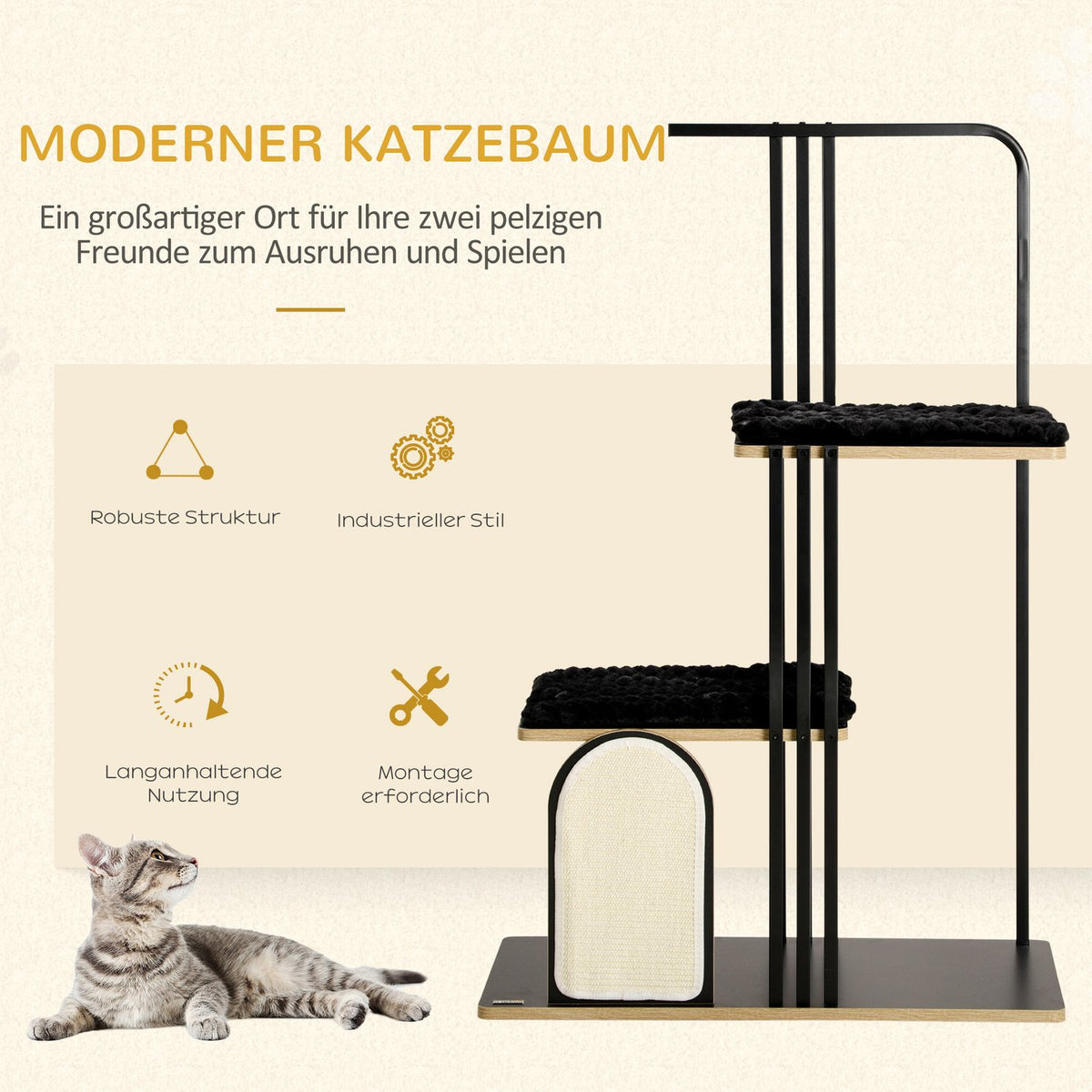 Scratching Post 128Cm High-Quality Cat Tree With Cushion, Scratching Board, 2 Platforms, Cat Furniture Made Of Steel In Black
