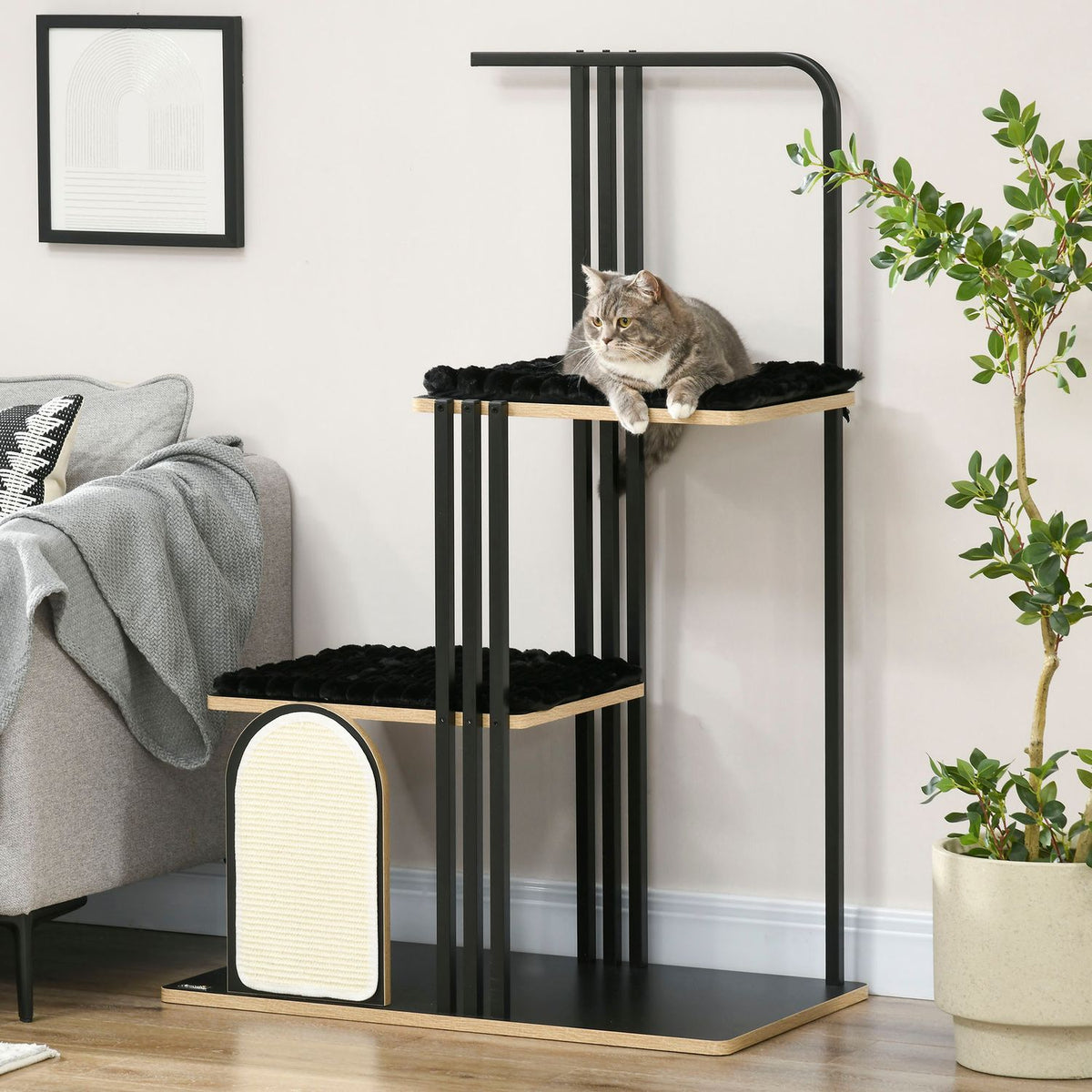 Scratching Post 128Cm High-Quality Cat Tree With Cushion, Scratching Board, 2 Platforms, Cat Furniture Made Of Steel In Black