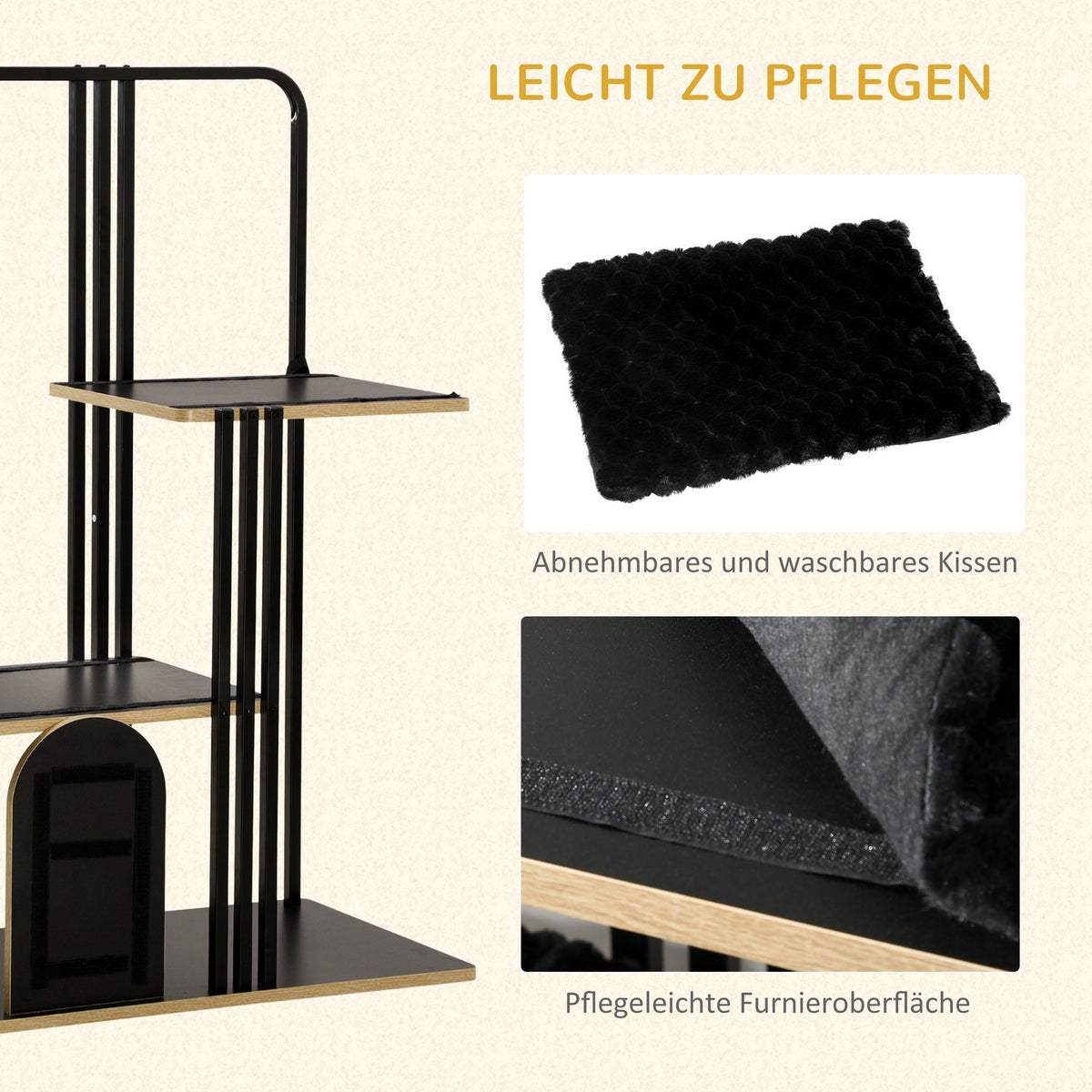 Scratching Post 128Cm High-Quality Cat Tree With Cushion, Scratching Board, 2 Platforms, Cat Furniture Made Of Steel In Black
