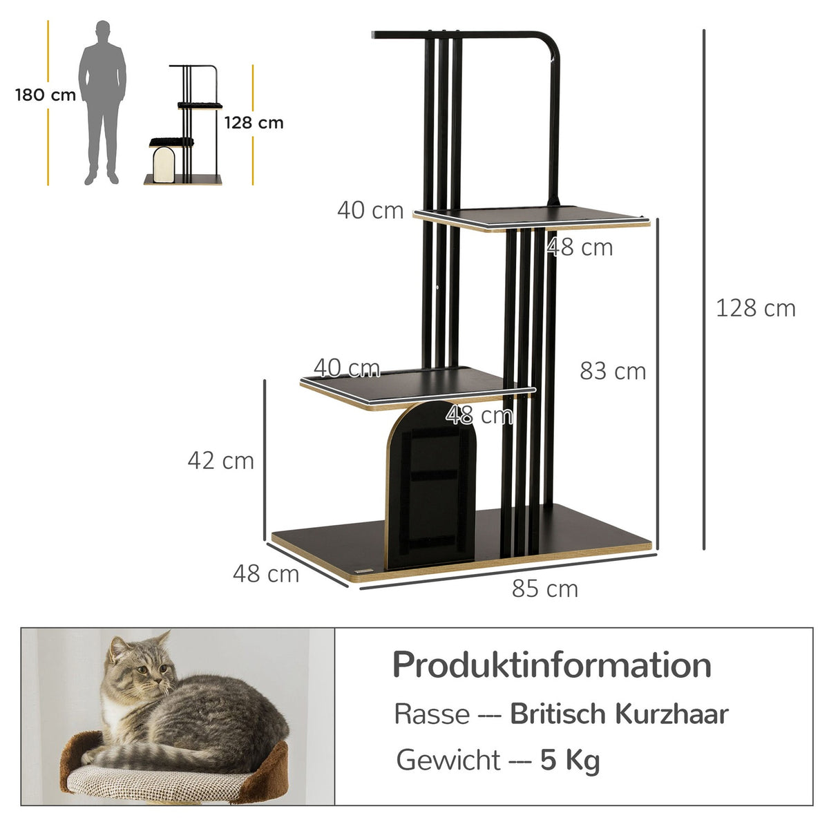 Scratching Post 128Cm High-Quality Cat Tree With Cushion, Scratching Board, 2 Platforms, Cat Furniture Made Of Steel In Black