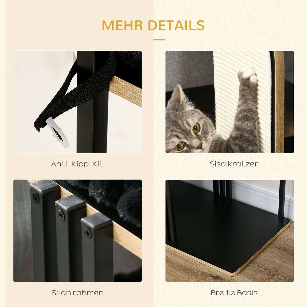 Scratching Post 128Cm High-Quality Cat Tree With Cushion, Scratching Board, 2 Platforms, Cat Furniture Made Of Steel In Black