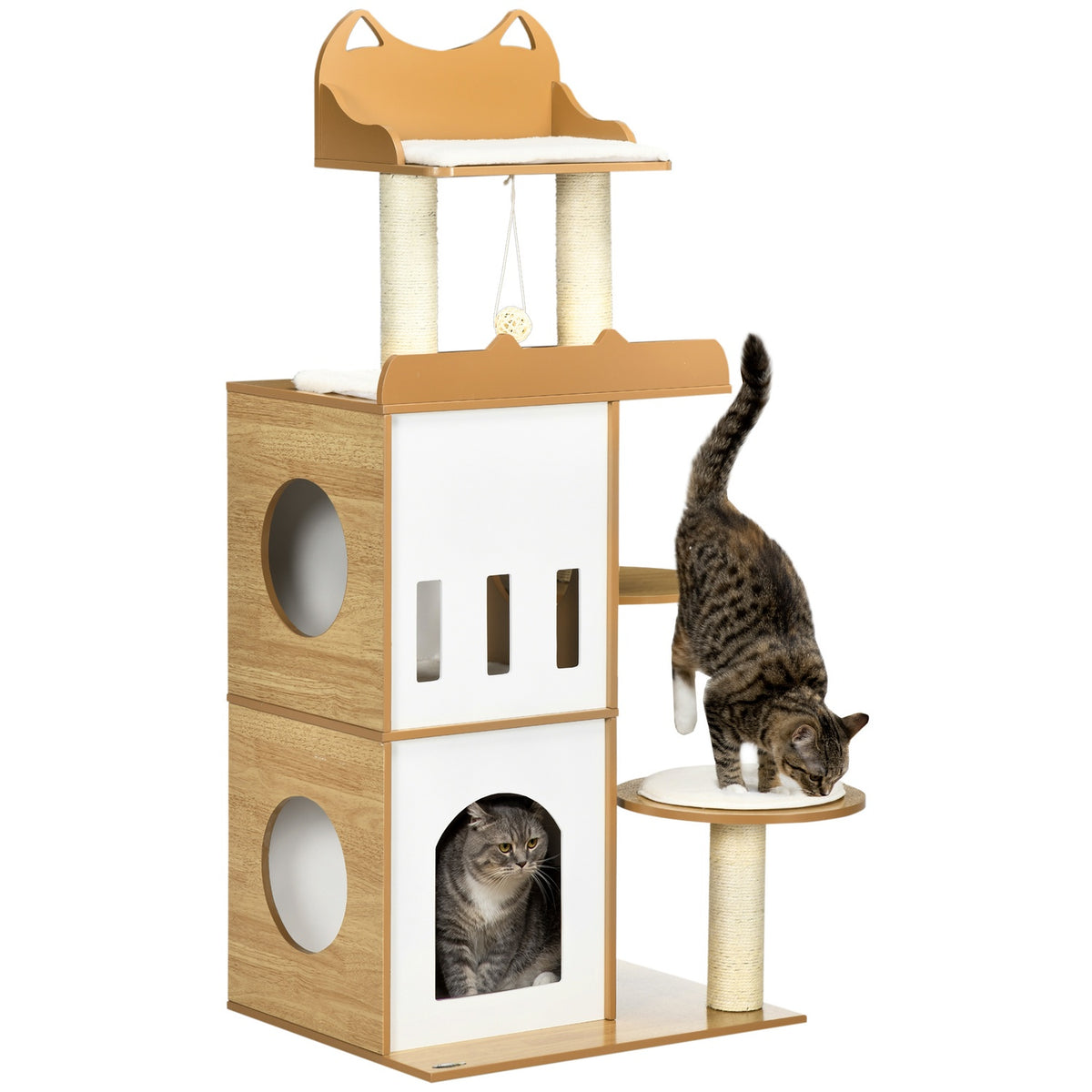 Scratching Post, 133 Cm, Cat Tree Cat Scratching Post With 2 Cat Caves, With Scratching Posts, Cushions, Play Ball, Cat Furniture, Indoor, Oak + White