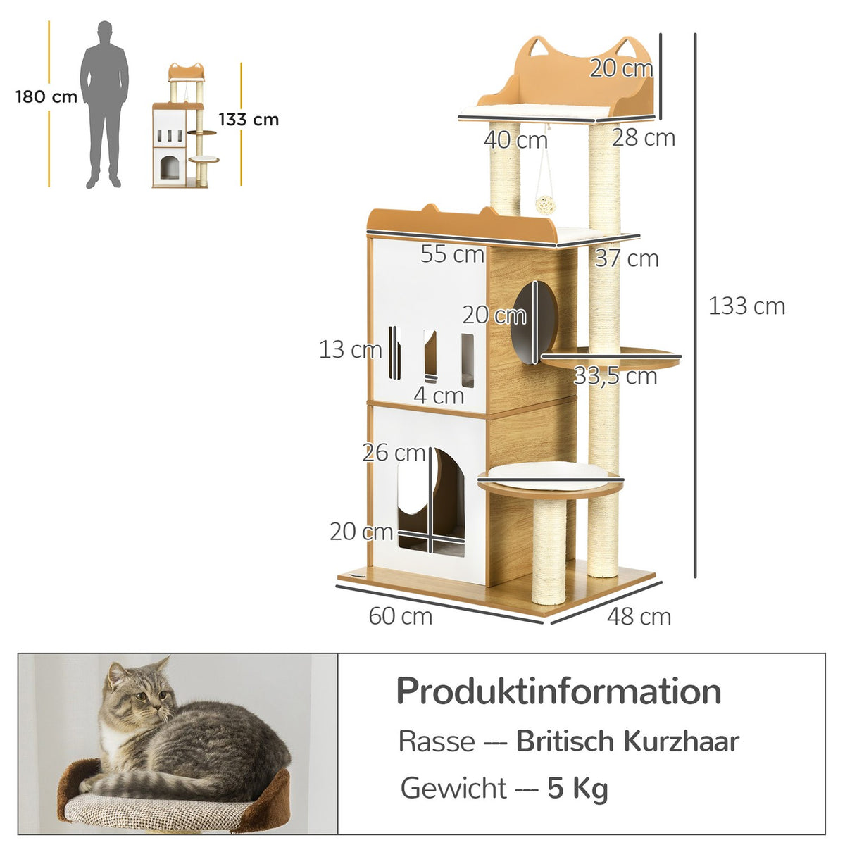 Scratching Post, 133 Cm, Cat Tree Cat Scratching Post With 2 Cat Caves, With Scratching Posts, Cushions, Play Ball, Cat Furniture, Indoor, Oak + White