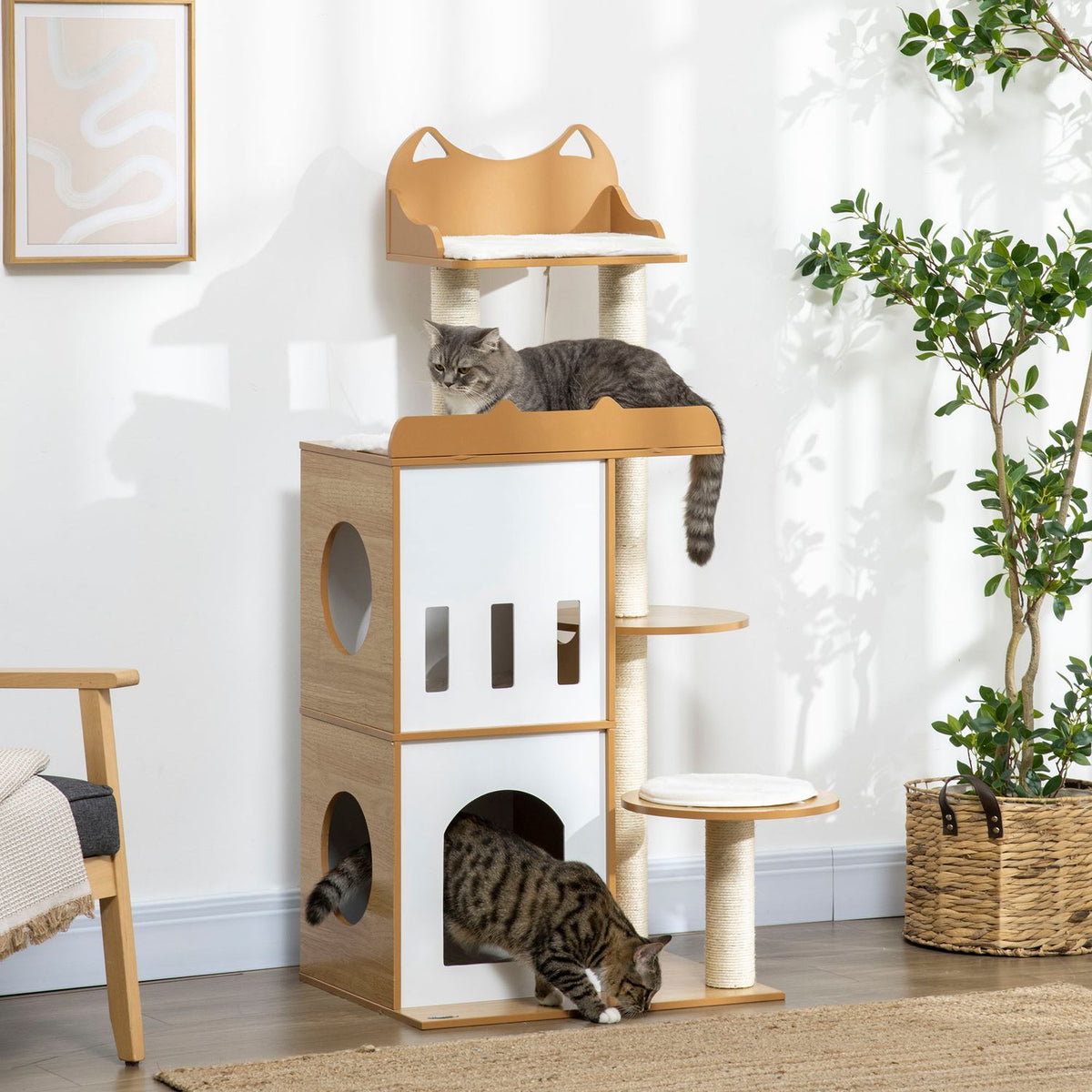 Scratching Post, 133 Cm, Cat Tree Cat Scratching Post With 2 Cat Caves, With Scratching Posts, Cushions, Play Ball, Cat Furniture, Indoor, Oak + White
