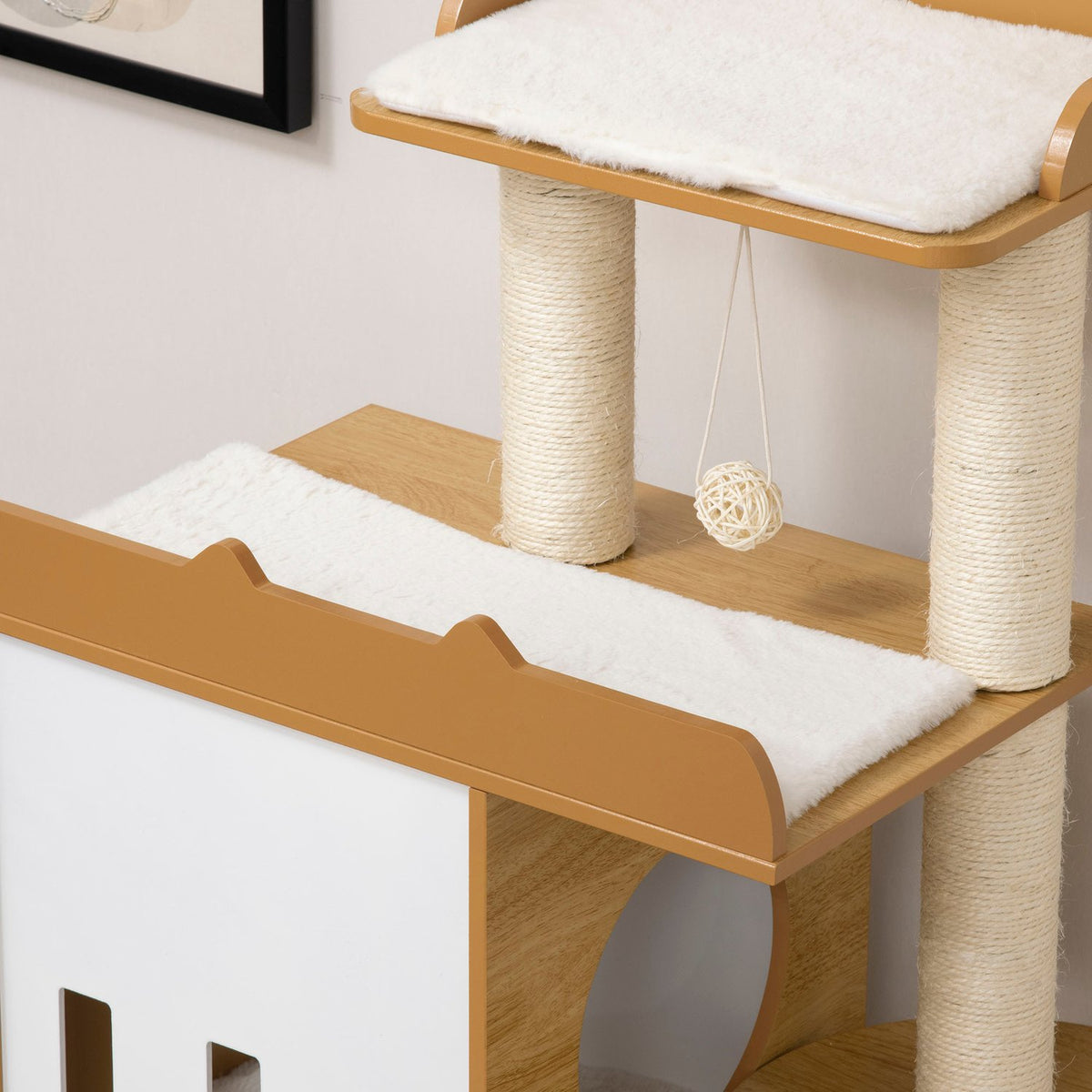 Scratching Post, 133 Cm, Cat Tree Cat Scratching Post With 2 Cat Caves, With Scratching Posts, Cushions, Play Ball, Cat Furniture, Indoor, Oak + White