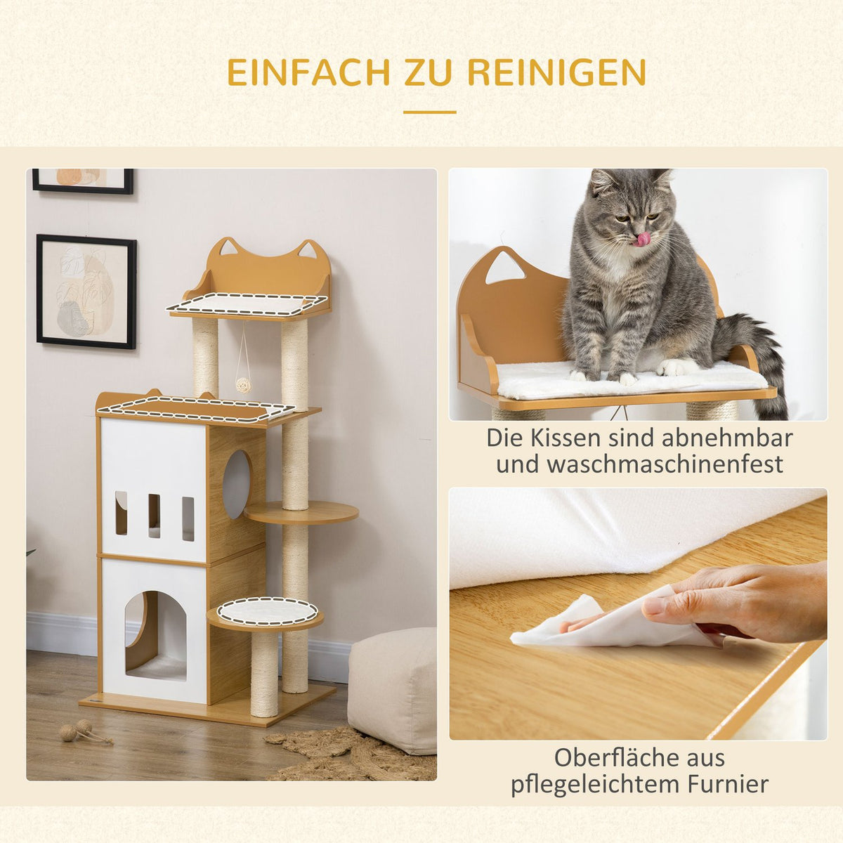 Scratching Post, 133 Cm, Cat Tree Cat Scratching Post With 2 Cat Caves, With Scratching Posts, Cushions, Play Ball, Cat Furniture, Indoor, Oak + White