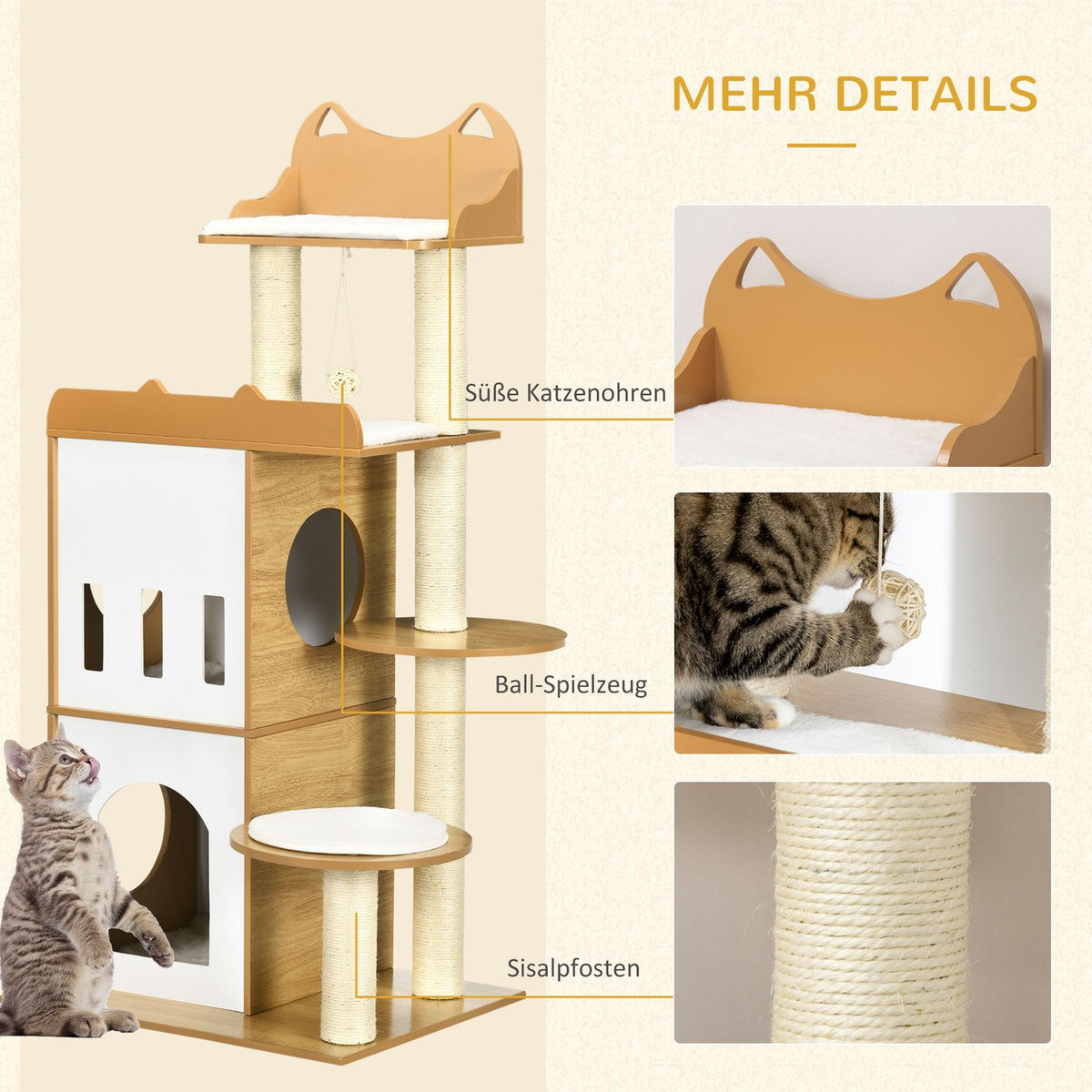 Scratching Post, 133 Cm, Cat Tree Cat Scratching Post With 2 Cat Caves, With Scratching Posts, Cushions, Play Ball, Cat Furniture, Indoor, Oak + White