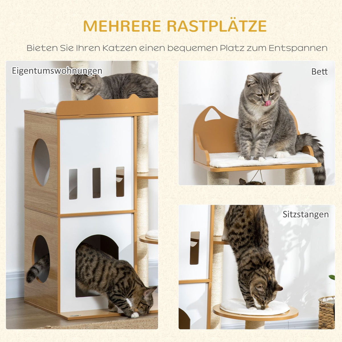 Scratching Post, 133 Cm, Cat Tree Cat Scratching Post With 2 Cat Caves, With Scratching Posts, Cushions, Play Ball, Cat Furniture, Indoor, Oak + White