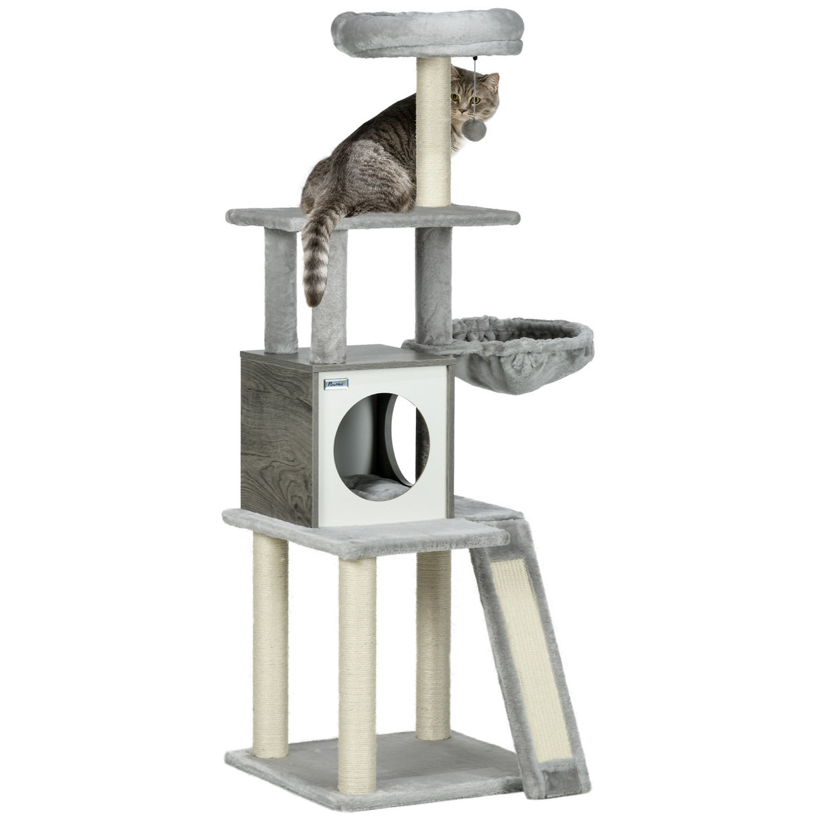Scratching Post 141.5 Cm Cat Tree With Cat Cave, Play Ball, Hanging Bed, 2 Platforms, Sisal