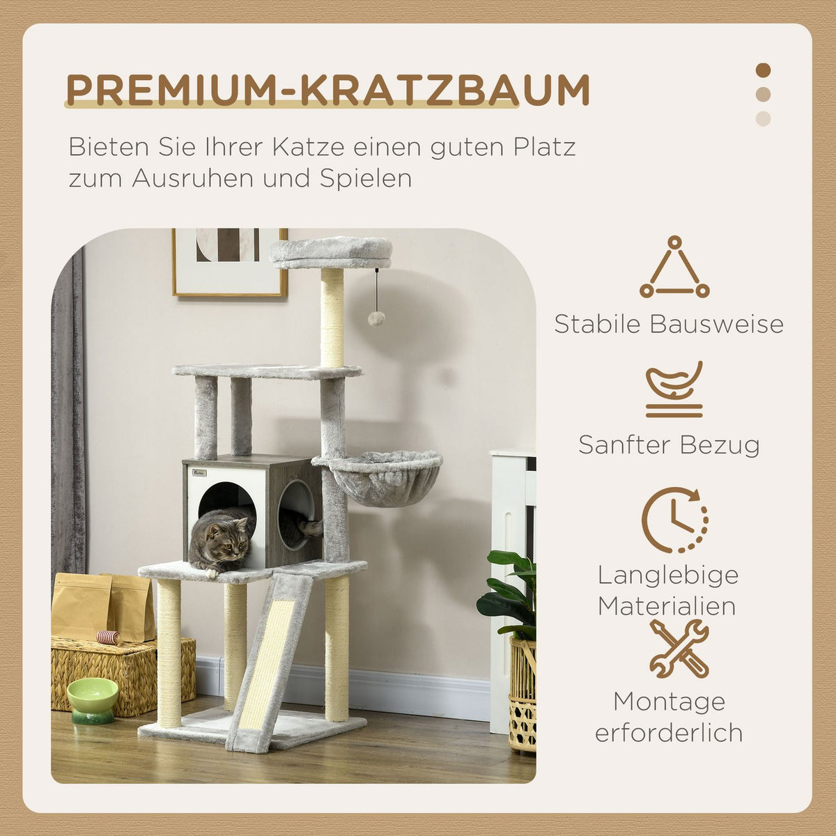 Scratching Post 141.5 Cm Cat Tree With Cat Cave, Play Ball, Hanging Bed, 2 Platforms, Sisal