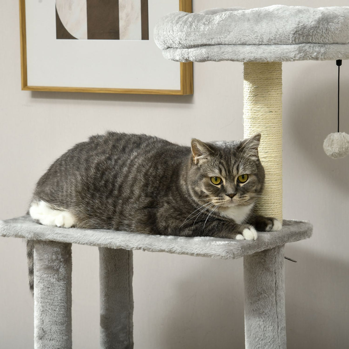 Scratching Post 141.5 Cm Cat Tree With Cat Cave, Play Ball, Hanging Bed, 2 Platforms, Sisal