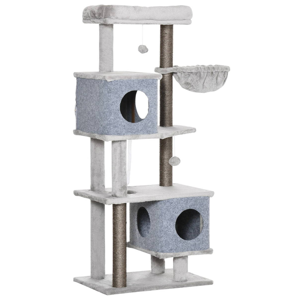Scratching Post 142H Cm Cat Tree With Cat Caves & Platforms, Sisal Column, Cat Toy, Anti-Tip, Grey