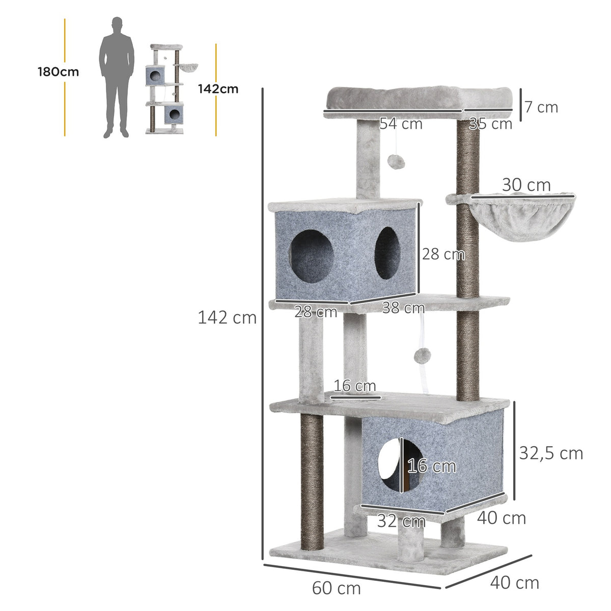 Scratching Post 142H Cm Cat Tree With Cat Caves & Platforms, Sisal Column, Cat Toy, Anti-Tip, Grey