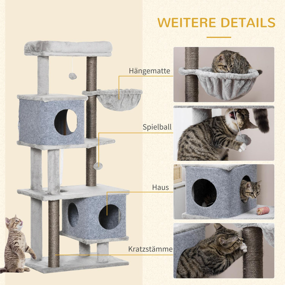 Scratching Post 142H Cm Cat Tree With Cat Caves & Platforms, Sisal Column, Cat Toy, Anti-Tip, Grey