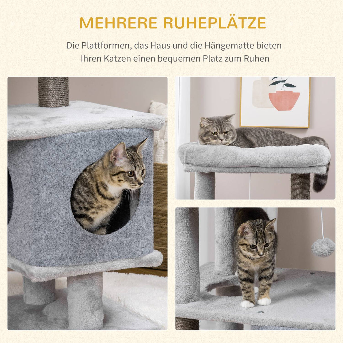 Scratching Post 142H Cm Cat Tree With Cat Caves & Platforms, Sisal Column, Cat Toy, Anti-Tip, Grey