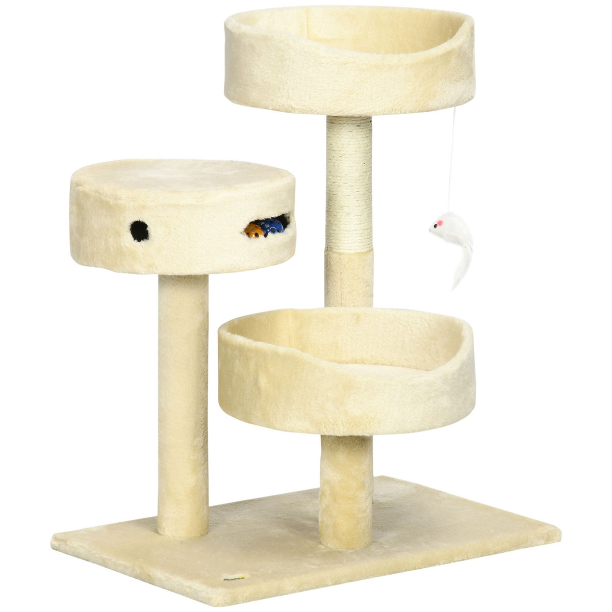 Scratching Post 70Cm Comfortable Cat Scratching Post With Beds & Climbing Tree, Play Ball With Bell, Mouse Toy, Cat Furniture In Beige