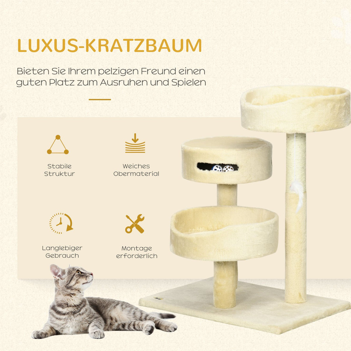 Scratching Post 70Cm Comfortable Cat Scratching Post With Beds & Climbing Tree, Play Ball With Bell, Mouse Toy, Cat Furniture In Beige