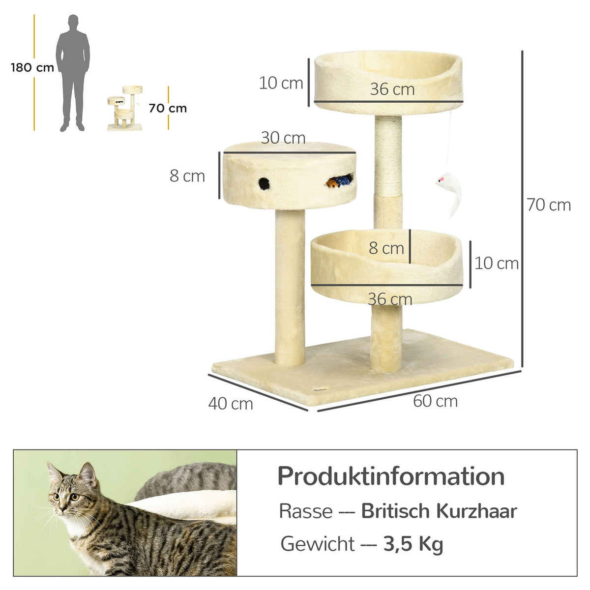 Scratching Post 70Cm Comfortable Cat Scratching Post With Beds & Climbing Tree, Play Ball With Bell, Mouse Toy, Cat Furniture In Beige