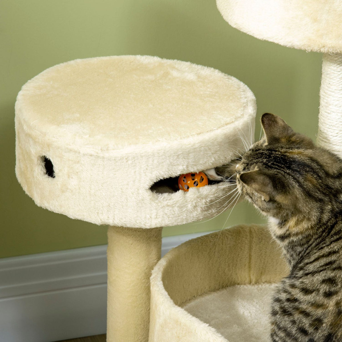 Scratching Post 70Cm Comfortable Cat Scratching Post With Beds & Climbing Tree, Play Ball With Bell, Mouse Toy, Cat Furniture In Beige