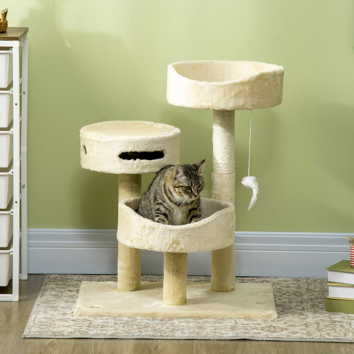 Scratching Post 70Cm Comfortable Cat Scratching Post With Beds & Climbing Tree, Play Ball With Bell, Mouse Toy, Cat Furniture In Beige