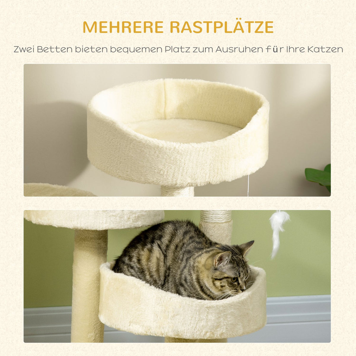 Scratching Post 70Cm Comfortable Cat Scratching Post With Beds & Climbing Tree, Play Ball With Bell, Mouse Toy, Cat Furniture In Beige