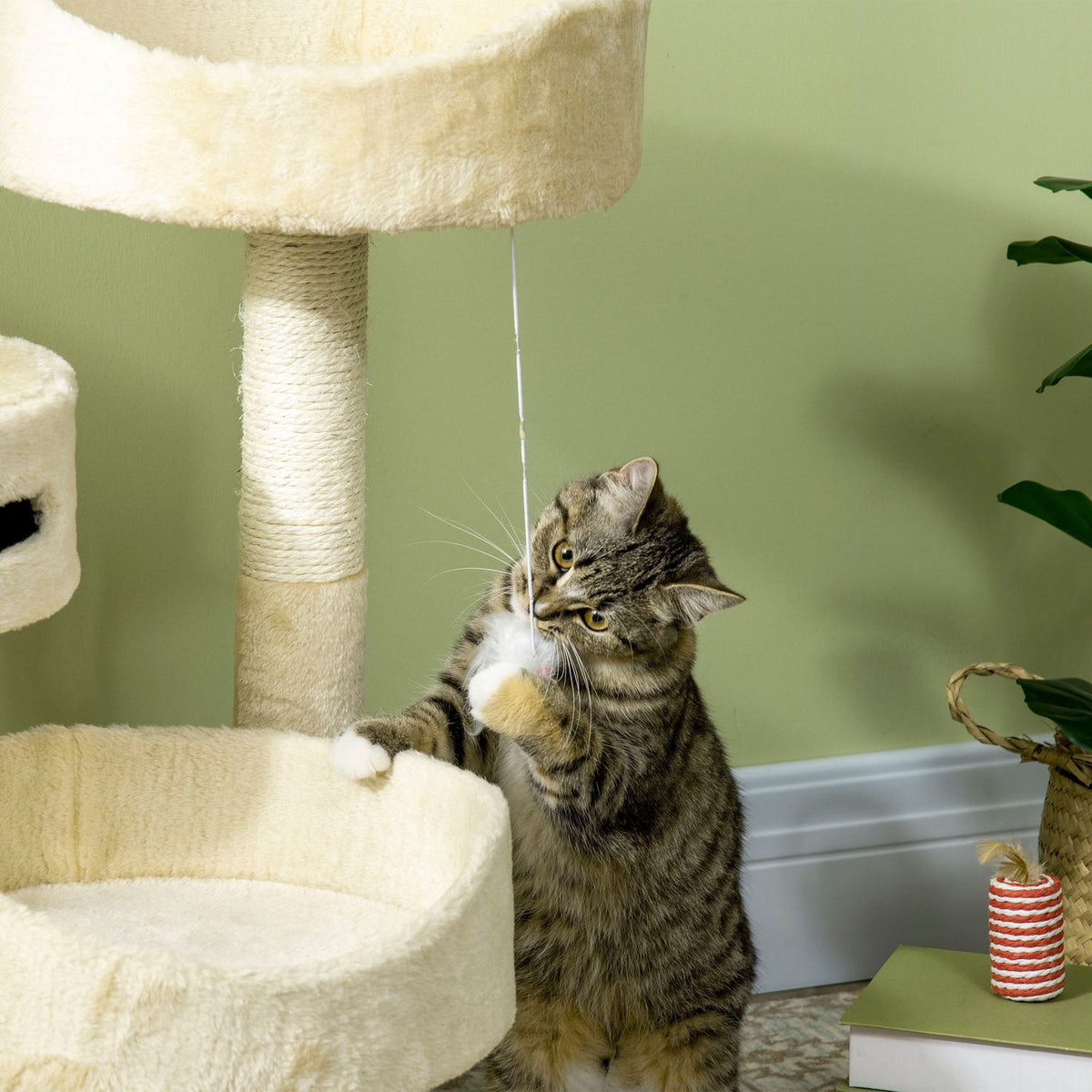 Scratching Post 70Cm Comfortable Cat Scratching Post With Beds & Climbing Tree, Play Ball With Bell, Mouse Toy, Cat Furniture In Beige