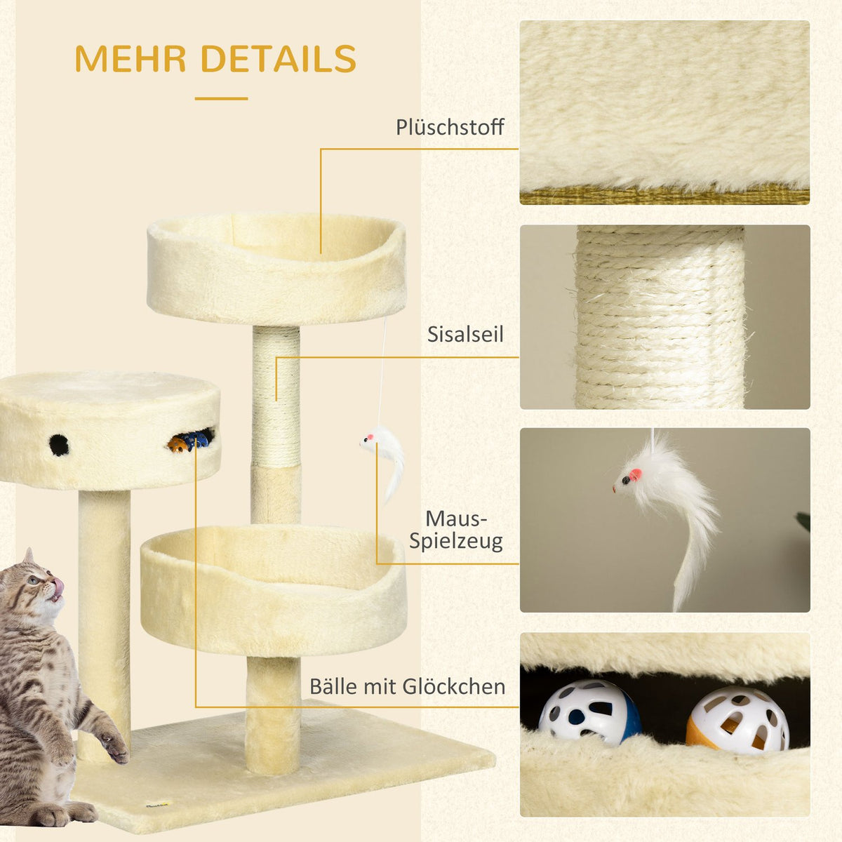 Scratching Post 70Cm Comfortable Cat Scratching Post With Beds & Climbing Tree, Play Ball With Bell, Mouse Toy, Cat Furniture In Beige