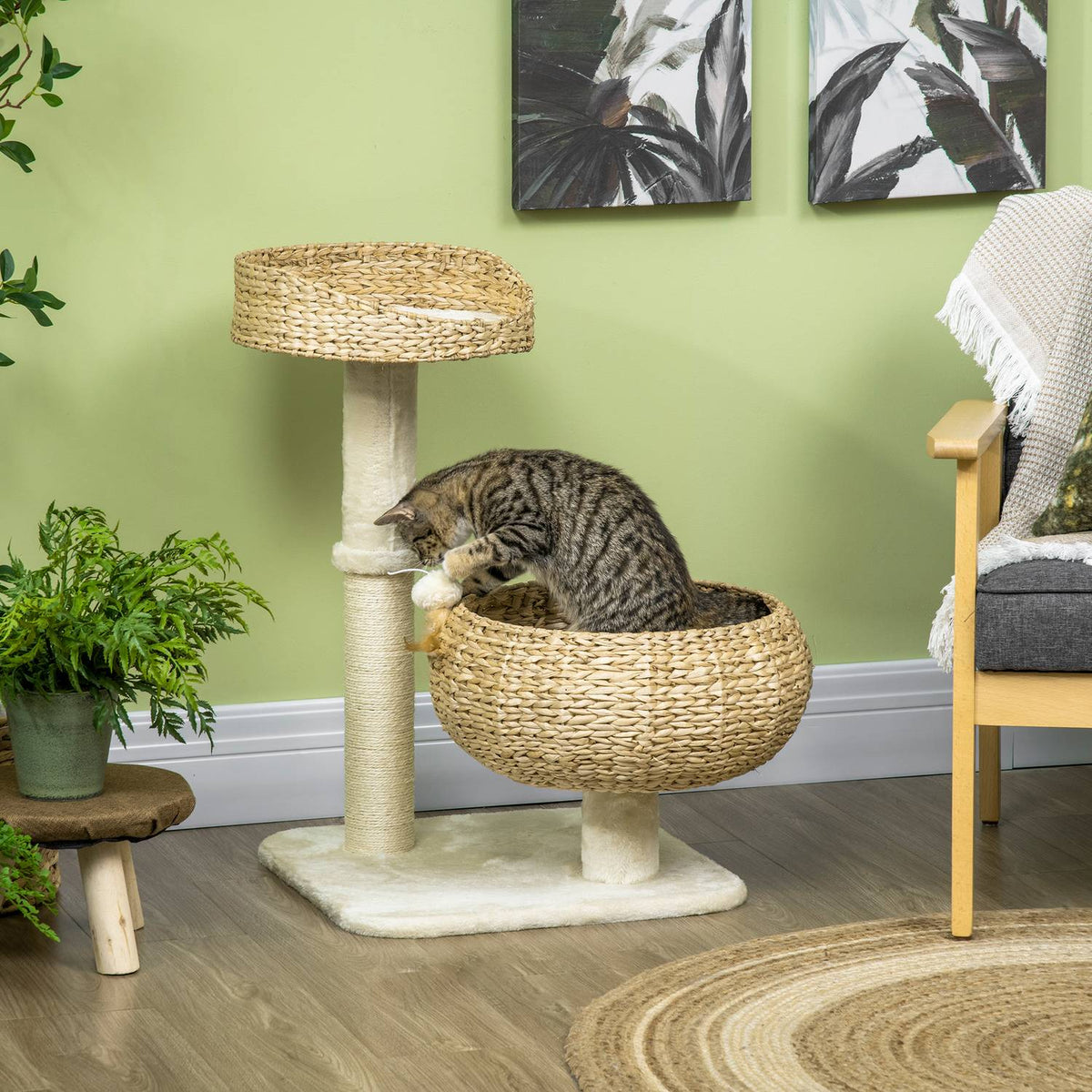 Scratching Post 72 Cm High Climbing Tree With 2 Cat Beds & Play Ball, Sisal Columns, Beige + Cream White