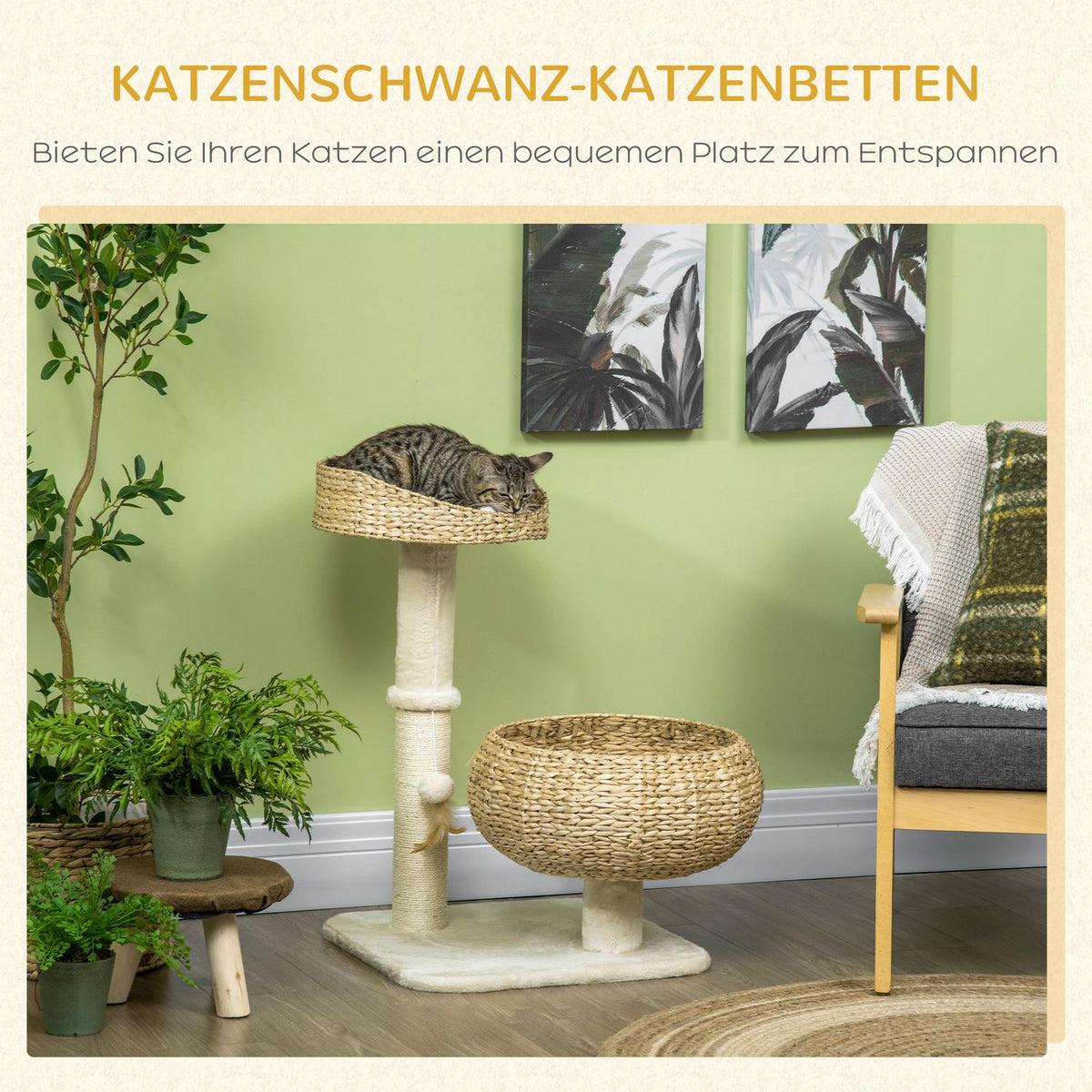 Scratching Post 72 Cm High Climbing Tree With 2 Cat Beds & Play Ball, Sisal Columns, Beige + Cream White