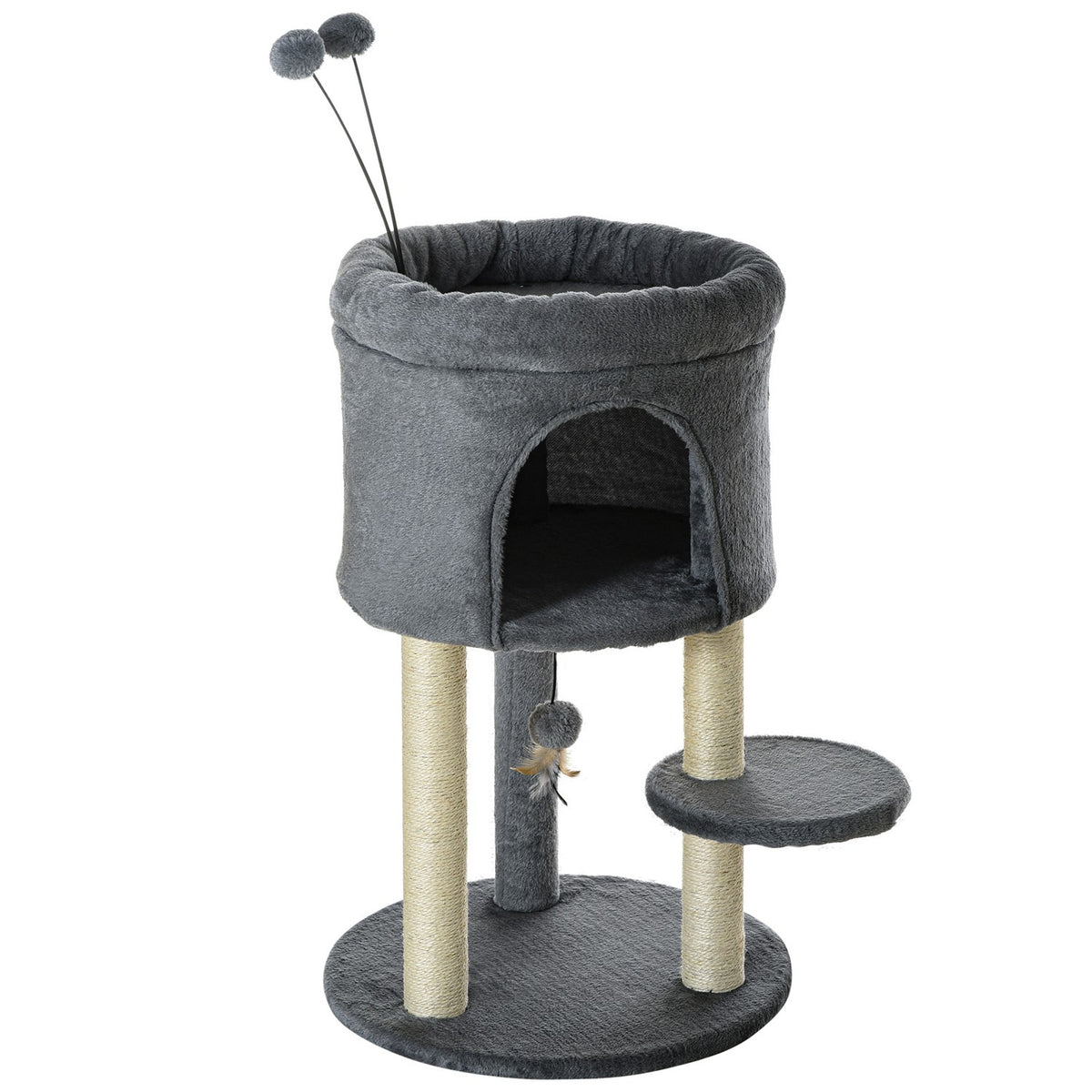 Scratching Post 73.5H Cm Cat Tree With Cat Cave And Toy Ball Climbing Tree Sisal Column Cat Toy Plush Gray + Cream White